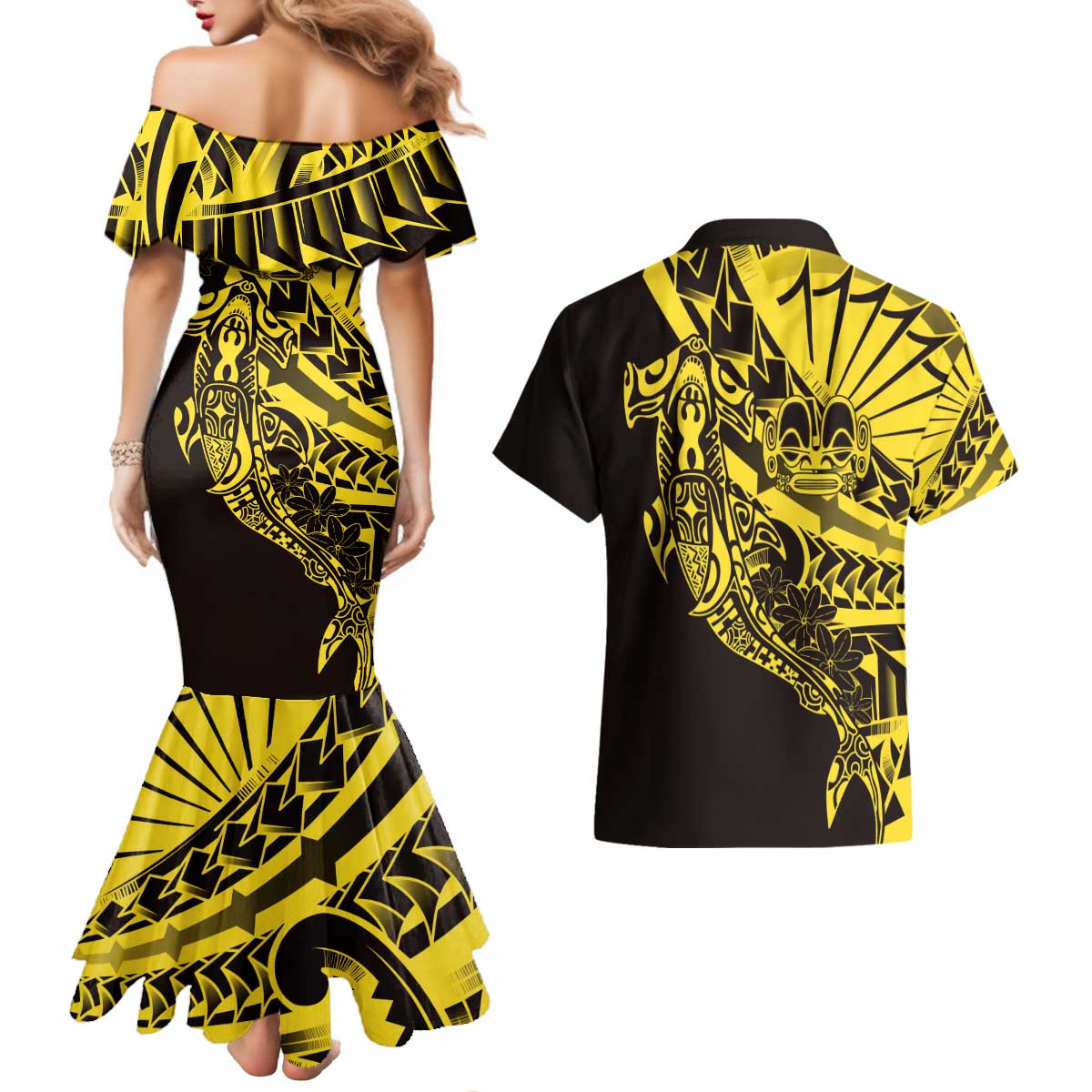 Yellow Marquesas Islands Couples Matching Mermaid Dress and Hawaiian Shirt Marquesan Matatiki Hammerhead Shark Patutiki LT14 - Polynesian Pride