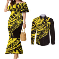Yellow Marquesas Islands Couples Matching Mermaid Dress and Long Sleeve Button Shirt Marquesan Matatiki Hammerhead Shark Patutiki LT14 Yellow - Polynesian Pride