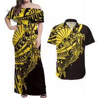 Yellow Marquesas Islands Couples Matching Off Shoulder Maxi Dress and Hawaiian Shirt Marquesan Matatiki Hammerhead Shark Patutiki LT14 Yellow - Polynesian Pride