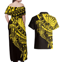 Yellow Marquesas Islands Couples Matching Off Shoulder Maxi Dress and Hawaiian Shirt Marquesan Matatiki Hammerhead Shark Patutiki LT14 - Polynesian Pride