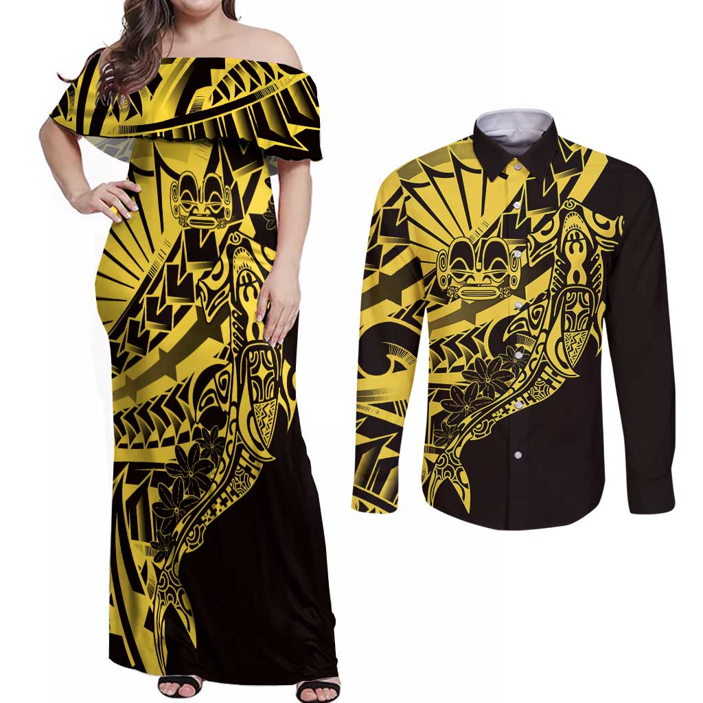 Yellow Marquesas Islands Couples Matching Off Shoulder Maxi Dress and Long Sleeve Button Shirt Marquesan Matatiki Hammerhead Shark Patutiki LT14 Yellow - Polynesian Pride