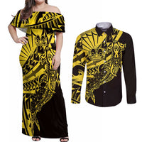 Yellow Marquesas Islands Couples Matching Off Shoulder Maxi Dress and Long Sleeve Button Shirt Marquesan Matatiki Hammerhead Shark Patutiki LT14 Yellow - Polynesian Pride