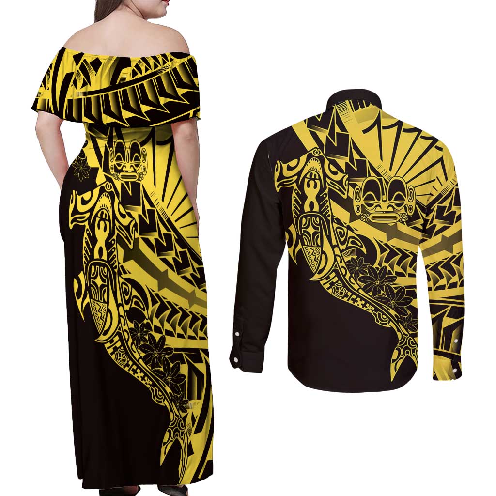 Yellow Marquesas Islands Couples Matching Off Shoulder Maxi Dress and Long Sleeve Button Shirt Marquesan Matatiki Hammerhead Shark Patutiki LT14 - Polynesian Pride