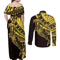 Yellow Marquesas Islands Couples Matching Off Shoulder Maxi Dress and Long Sleeve Button Shirt Marquesan Matatiki Hammerhead Shark Patutiki LT14 - Polynesian Pride