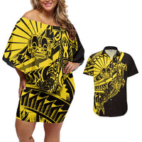 Yellow Marquesas Islands Couples Matching Off Shoulder Short Dress and Hawaiian Shirt Marquesan Matatiki Hammerhead Shark Patutiki LT14 Yellow - Polynesian Pride
