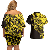 Yellow Marquesas Islands Couples Matching Off Shoulder Short Dress and Hawaiian Shirt Marquesan Matatiki Hammerhead Shark Patutiki LT14 - Polynesian Pride
