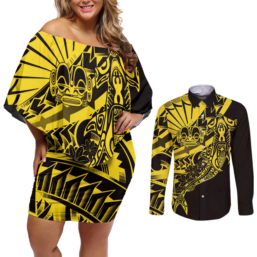 Yellow Marquesas Islands Couples Matching Off Shoulder Short Dress and Long Sleeve Button Shirt Marquesan Matatiki Hammerhead Shark Patutiki LT14 Yellow - Polynesian Pride