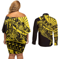 Yellow Marquesas Islands Couples Matching Off Shoulder Short Dress and Long Sleeve Button Shirt Marquesan Matatiki Hammerhead Shark Patutiki LT14 - Polynesian Pride