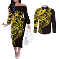 Yellow Marquesas Islands Couples Matching Off The Shoulder Long Sleeve Dress and Long Sleeve Button Shirt Marquesan Matatiki Hammerhead Shark Patutiki LT14 Yellow - Polynesian Pride