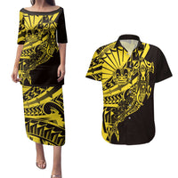 Yellow Marquesas Islands Couples Matching Puletasi and Hawaiian Shirt Marquesan Matatiki Hammerhead Shark Patutiki LT14 Yellow - Polynesian Pride