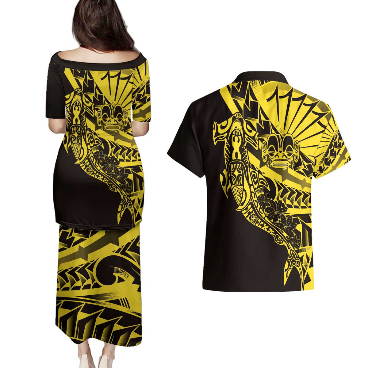 Yellow Marquesas Islands Couples Matching Puletasi and Hawaiian Shirt Marquesan Matatiki Hammerhead Shark Patutiki LT14 - Polynesian Pride