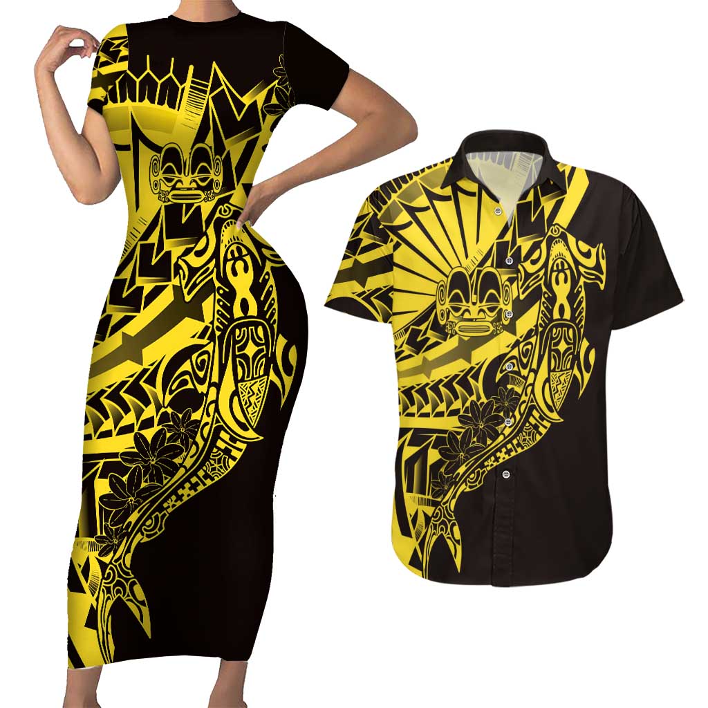 Yellow Marquesas Islands Couples Matching Short Sleeve Bodycon Dress and Hawaiian Shirt Marquesan Matatiki Hammerhead Shark Patutiki LT14 Yellow - Polynesian Pride