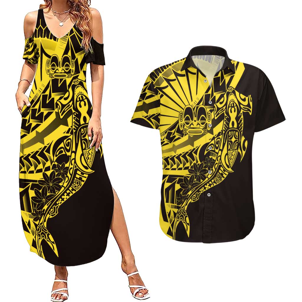 Yellow Marquesas Islands Couples Matching Summer Maxi Dress and Hawaiian Shirt Marquesan Matatiki Hammerhead Shark Patutiki LT14 Yellow - Polynesian Pride