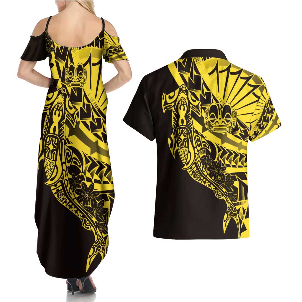 Yellow Marquesas Islands Couples Matching Summer Maxi Dress and Hawaiian Shirt Marquesan Matatiki Hammerhead Shark Patutiki LT14 - Polynesian Pride