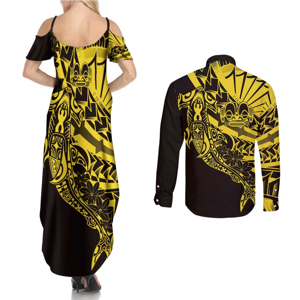 Yellow Marquesas Islands Couples Matching Summer Maxi Dress and Long Sleeve Button Shirt Marquesan Matatiki Hammerhead Shark Patutiki LT14 - Polynesian Pride