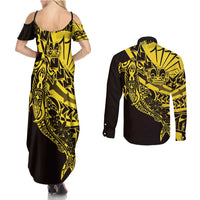 Yellow Marquesas Islands Couples Matching Summer Maxi Dress and Long Sleeve Button Shirt Marquesan Matatiki Hammerhead Shark Patutiki LT14 - Polynesian Pride