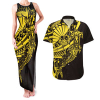 Yellow Marquesas Islands Couples Matching Tank Maxi Dress and Hawaiian Shirt Marquesan Matatiki Hammerhead Shark Patutiki LT14 Yellow - Polynesian Pride