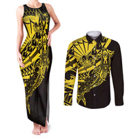 Yellow Marquesas Islands Couples Matching Tank Maxi Dress and Long Sleeve Button Shirt Marquesan Matatiki Hammerhead Shark Patutiki LT14 Yellow - Polynesian Pride