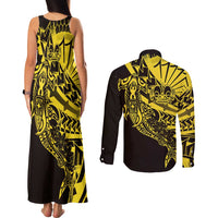 Yellow Marquesas Islands Couples Matching Tank Maxi Dress and Long Sleeve Button Shirt Marquesan Matatiki Hammerhead Shark Patutiki LT14 - Polynesian Pride