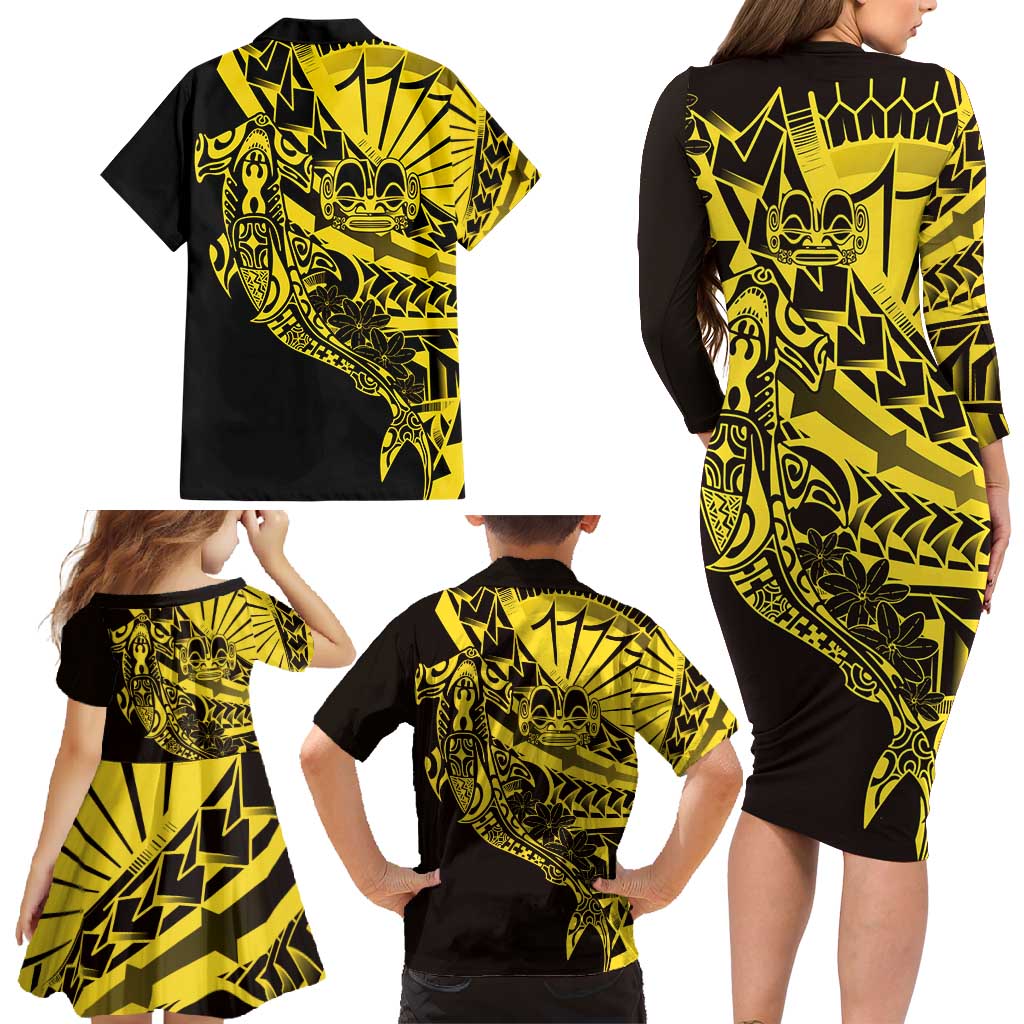 Yellow Marquesas Islands Family Matching Long Sleeve Bodycon Dress and Hawaiian Shirt Marquesan Matatiki Hammerhead Shark Patutiki LT14 - Polynesian Pride