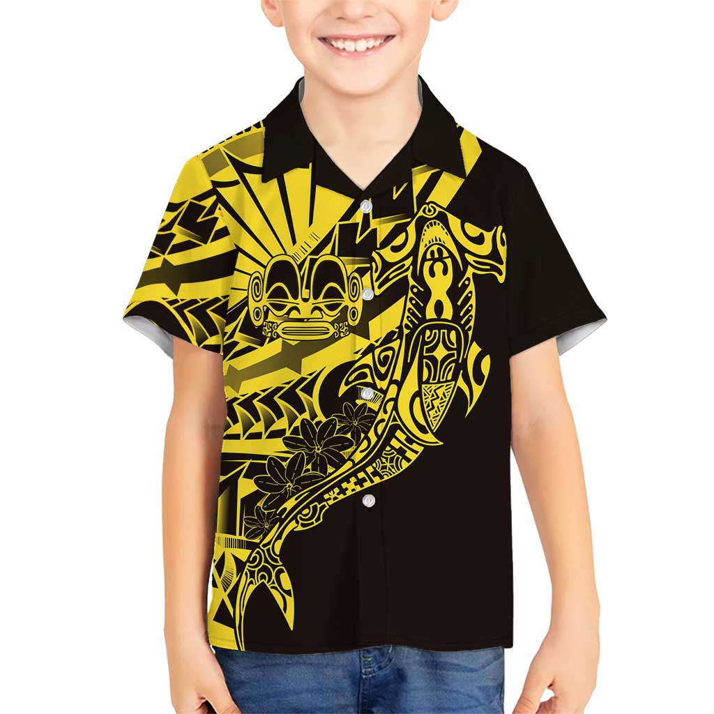 Yellow Marquesas Islands Family Matching Long Sleeve Bodycon Dress and Hawaiian Shirt Marquesan Matatiki Hammerhead Shark Patutiki LT14 Son's Shirt Yellow - Polynesian Pride
