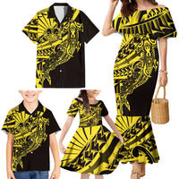 Yellow Marquesas Islands Family Matching Mermaid Dress and Hawaiian Shirt Marquesan Matatiki Hammerhead Shark Patutiki LT14 - Polynesian Pride