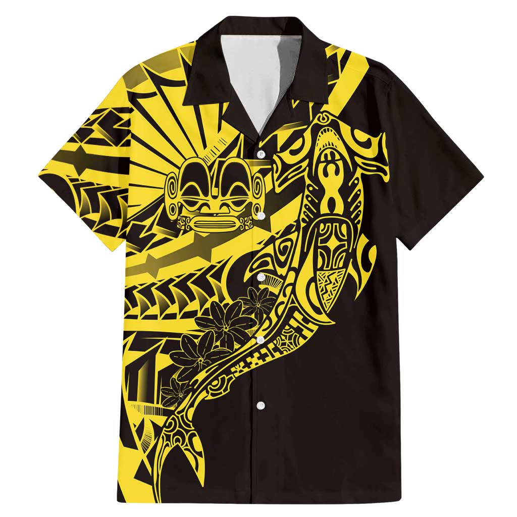 Yellow Marquesas Islands Family Matching Mermaid Dress and Hawaiian Shirt Marquesan Matatiki Hammerhead Shark Patutiki LT14 Dad's Shirt - Short Sleeve Yellow - Polynesian Pride