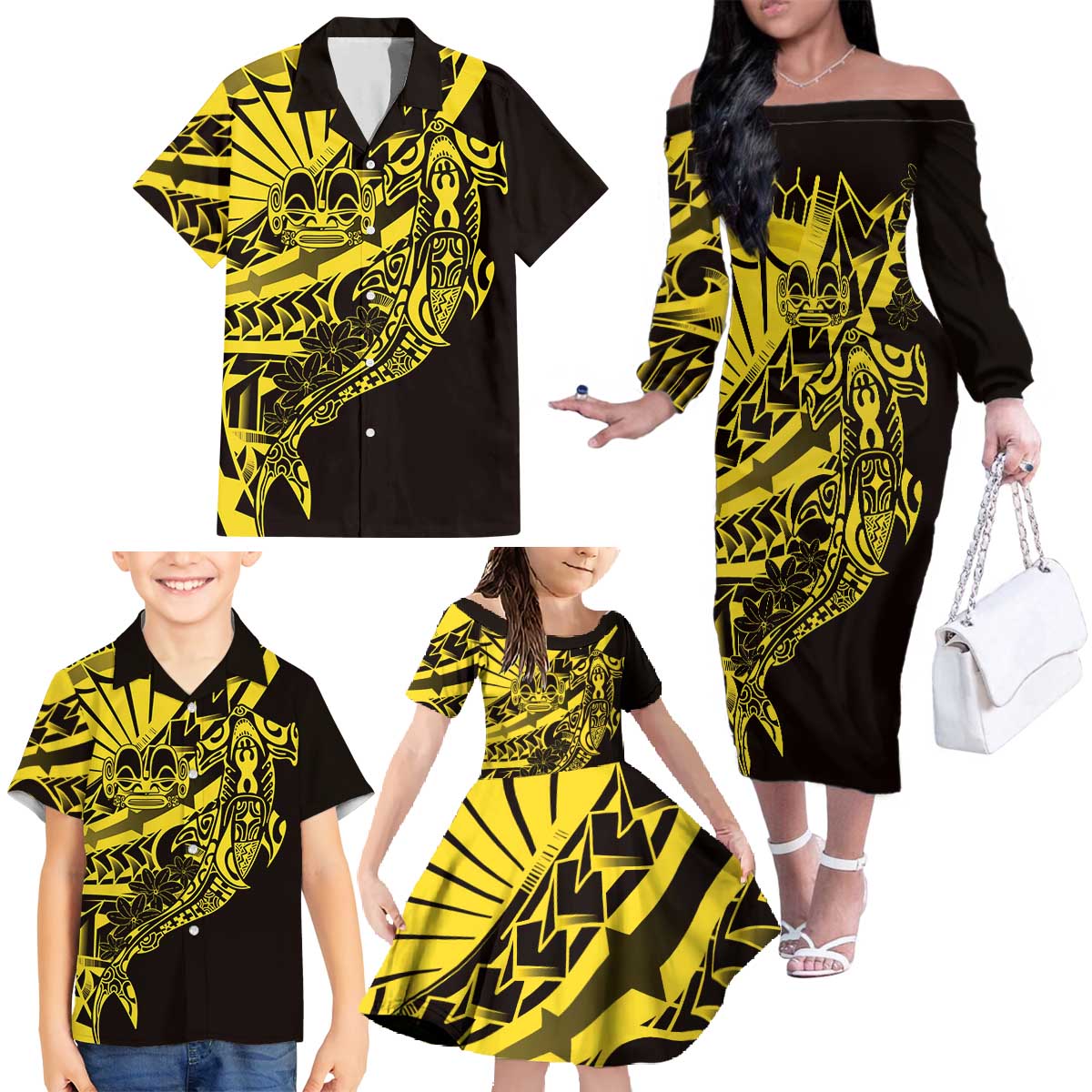 Yellow Marquesas Islands Family Matching Off The Shoulder Long Sleeve Dress and Hawaiian Shirt Marquesan Matatiki Hammerhead Shark Patutiki LT14 - Polynesian Pride
