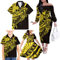Yellow Marquesas Islands Family Matching Off The Shoulder Long Sleeve Dress and Hawaiian Shirt Marquesan Matatiki Hammerhead Shark Patutiki LT14 - Polynesian Pride