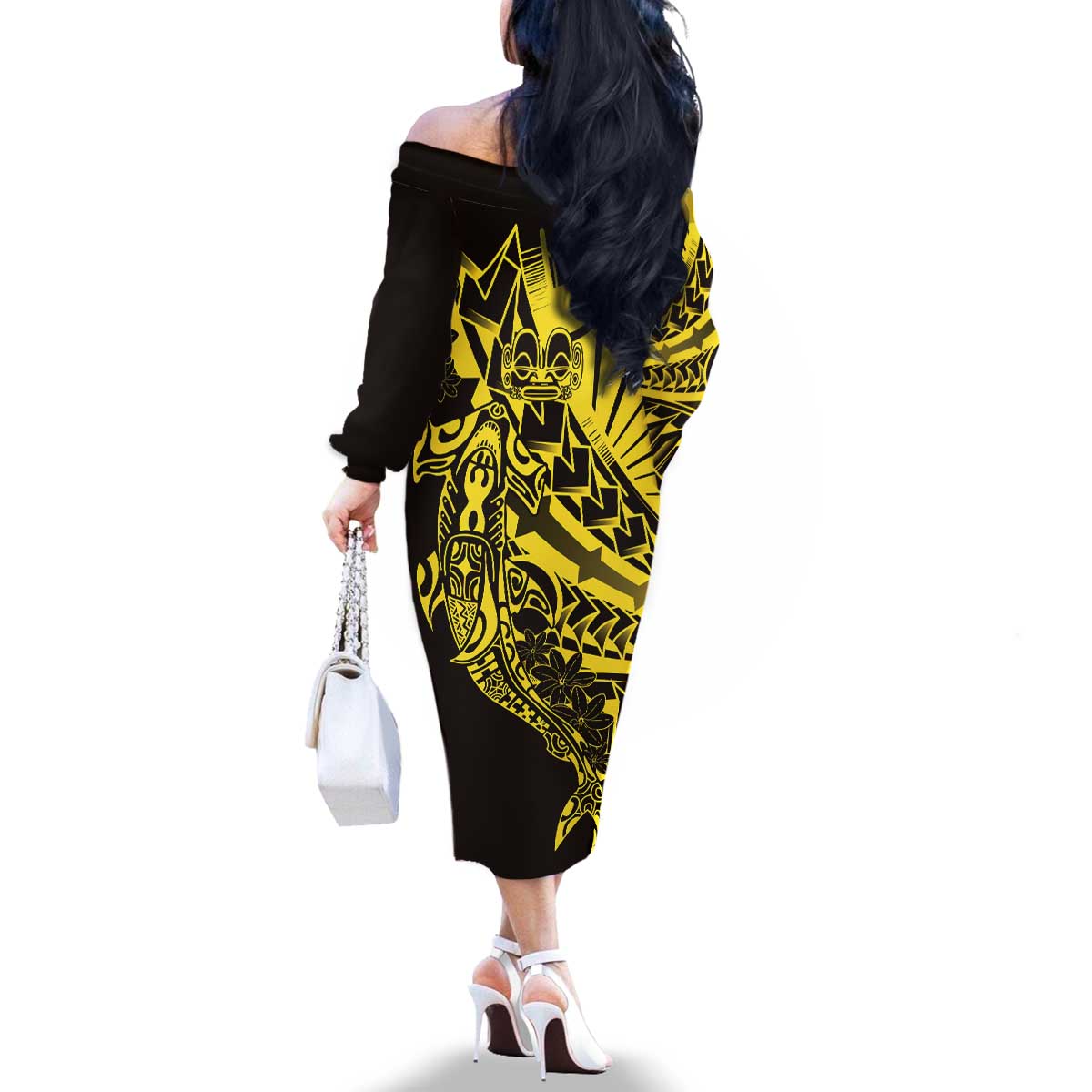 Yellow Marquesas Islands Family Matching Off The Shoulder Long Sleeve Dress and Hawaiian Shirt Marquesan Matatiki Hammerhead Shark Patutiki LT14 - Polynesian Pride