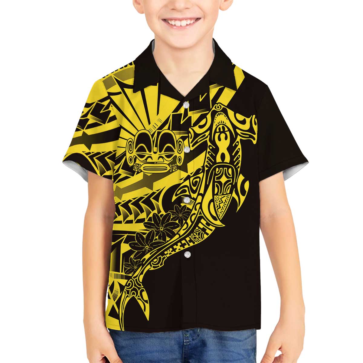 Yellow Marquesas Islands Family Matching Off The Shoulder Long Sleeve Dress and Hawaiian Shirt Marquesan Matatiki Hammerhead Shark Patutiki LT14 Son's Shirt Yellow - Polynesian Pride