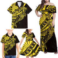 Yellow Marquesas Islands Family Matching Off Shoulder Maxi Dress and Hawaiian Shirt Marquesan Matatiki Hammerhead Shark Patutiki LT14 - Polynesian Pride