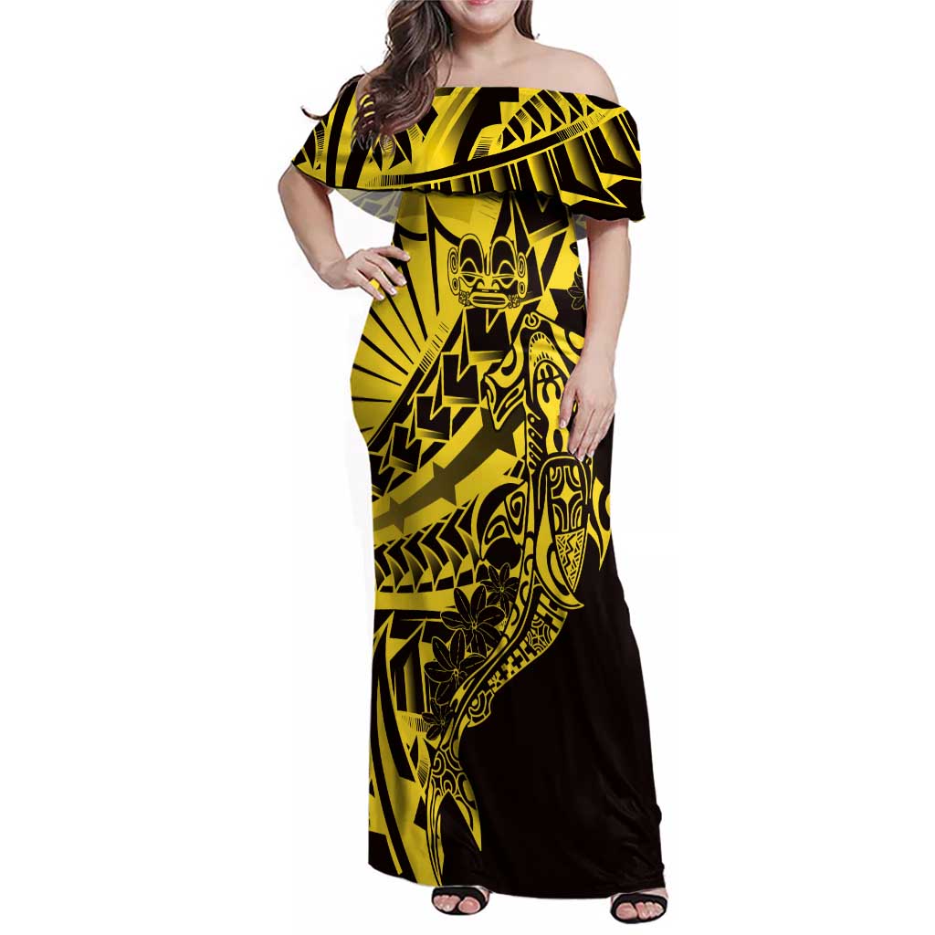 Yellow Marquesas Islands Family Matching Off Shoulder Maxi Dress and Hawaiian Shirt Marquesan Matatiki Hammerhead Shark Patutiki LT14 Mom's Dress Yellow - Polynesian Pride