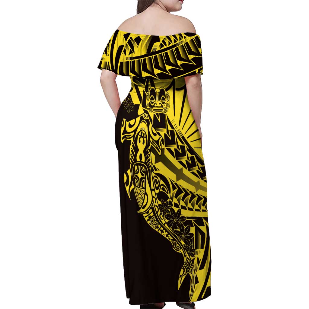 Yellow Marquesas Islands Family Matching Off Shoulder Maxi Dress and Hawaiian Shirt Marquesan Matatiki Hammerhead Shark Patutiki LT14 - Polynesian Pride