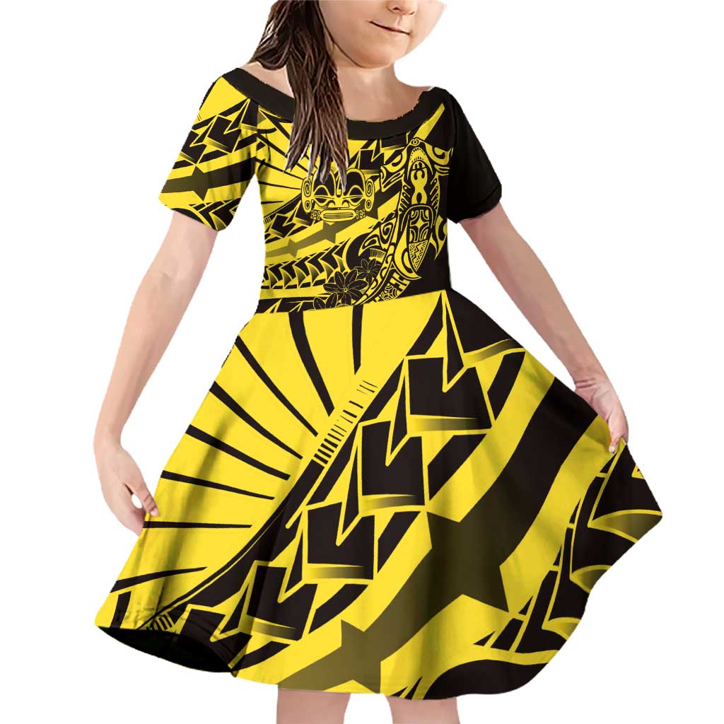 Yellow Marquesas Islands Family Matching Off Shoulder Short Dress and Hawaiian Shirt Marquesan Matatiki Hammerhead Shark Patutiki LT14 Daughter's Dress Yellow - Polynesian Pride