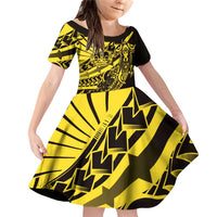 Yellow Marquesas Islands Family Matching Off Shoulder Short Dress and Hawaiian Shirt Marquesan Matatiki Hammerhead Shark Patutiki LT14 Daughter's Dress Yellow - Polynesian Pride