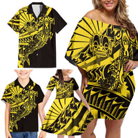 Yellow Marquesas Islands Family Matching Off Shoulder Short Dress and Hawaiian Shirt Marquesan Matatiki Hammerhead Shark Patutiki LT14 - Polynesian Pride