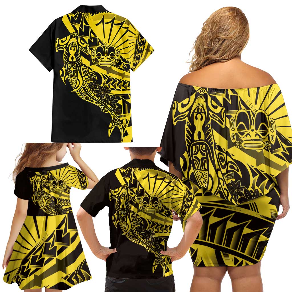 Yellow Marquesas Islands Family Matching Off Shoulder Short Dress and Hawaiian Shirt Marquesan Matatiki Hammerhead Shark Patutiki LT14 - Polynesian Pride