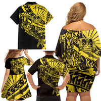 Yellow Marquesas Islands Family Matching Off Shoulder Short Dress and Hawaiian Shirt Marquesan Matatiki Hammerhead Shark Patutiki LT14 - Polynesian Pride