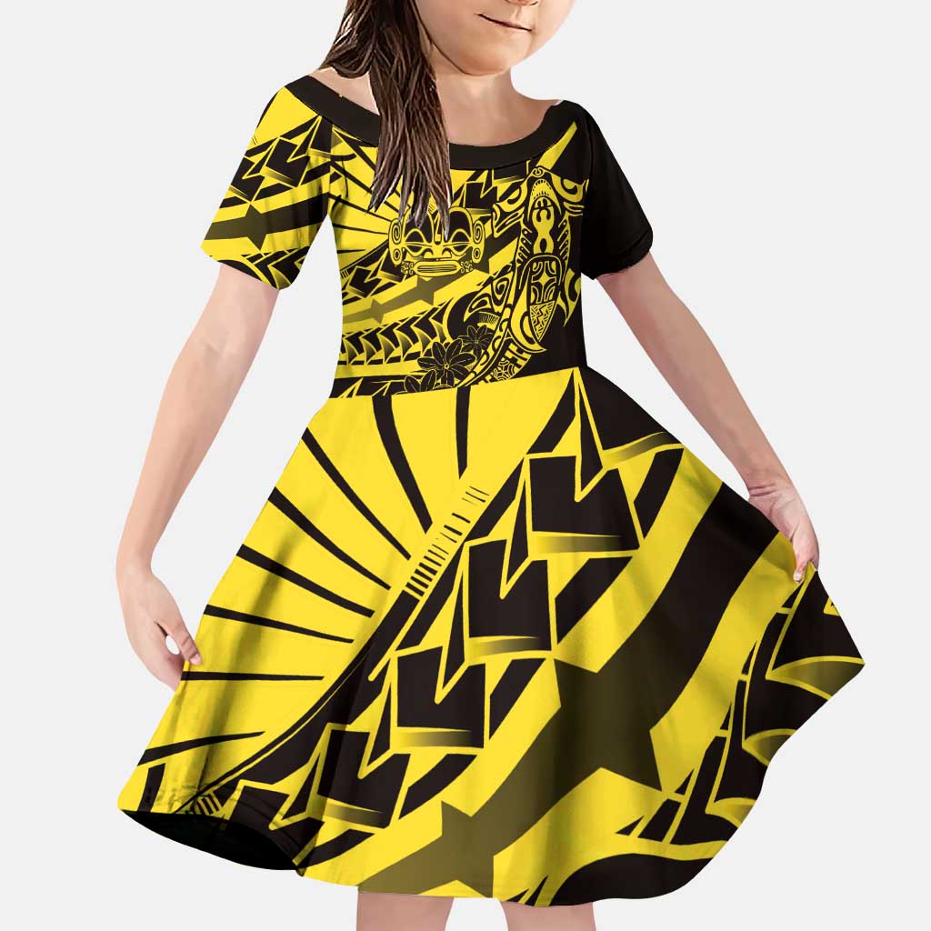 Yellow Marquesas Islands Family Matching Puletasi and Hawaiian Shirt Marquesan Matatiki Hammerhead Shark Patutiki LT14 Daughter's Dress Yellow - Polynesian Pride