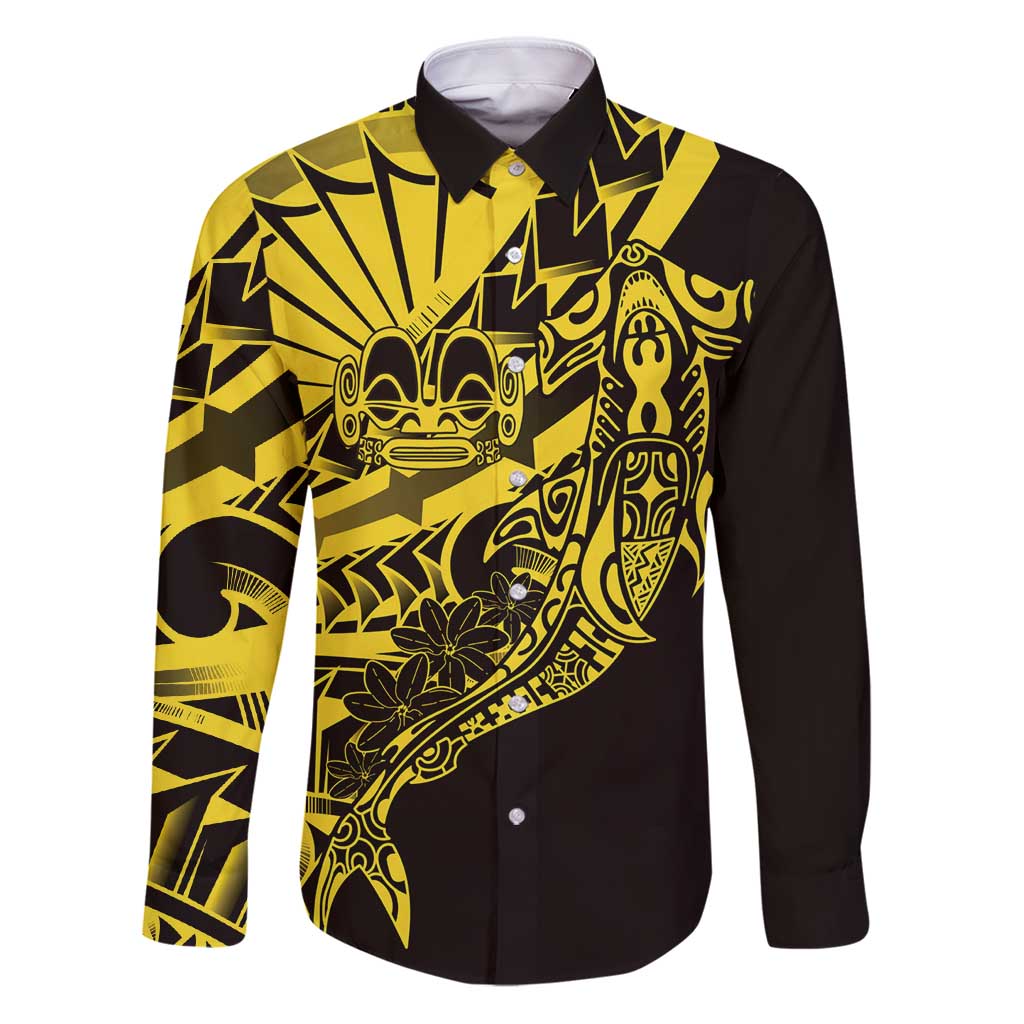 Yellow Marquesas Islands Family Matching Puletasi and Hawaiian Shirt Marquesan Matatiki Hammerhead Shark Patutiki LT14 Dad's Shirt - Long Sleeve Yellow - Polynesian Pride
