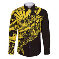 Yellow Marquesas Islands Family Matching Puletasi and Hawaiian Shirt Marquesan Matatiki Hammerhead Shark Patutiki LT14 Dad's Shirt - Long Sleeve Yellow - Polynesian Pride