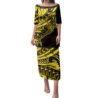 Yellow Marquesas Islands Family Matching Puletasi and Hawaiian Shirt Marquesan Matatiki Hammerhead Shark Patutiki LT14 Mom's Dress Yellow - Polynesian Pride
