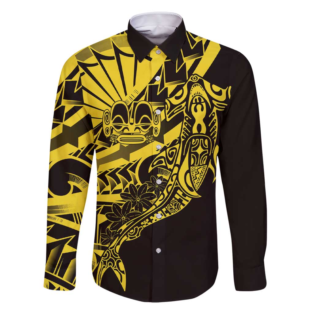Yellow Marquesas Islands Family Matching Short Sleeve Bodycon Dress and Hawaiian Shirt Marquesan Matatiki Hammerhead Shark Patutiki LT14 Dad's Shirt - Long Sleeve Yellow - Polynesian Pride