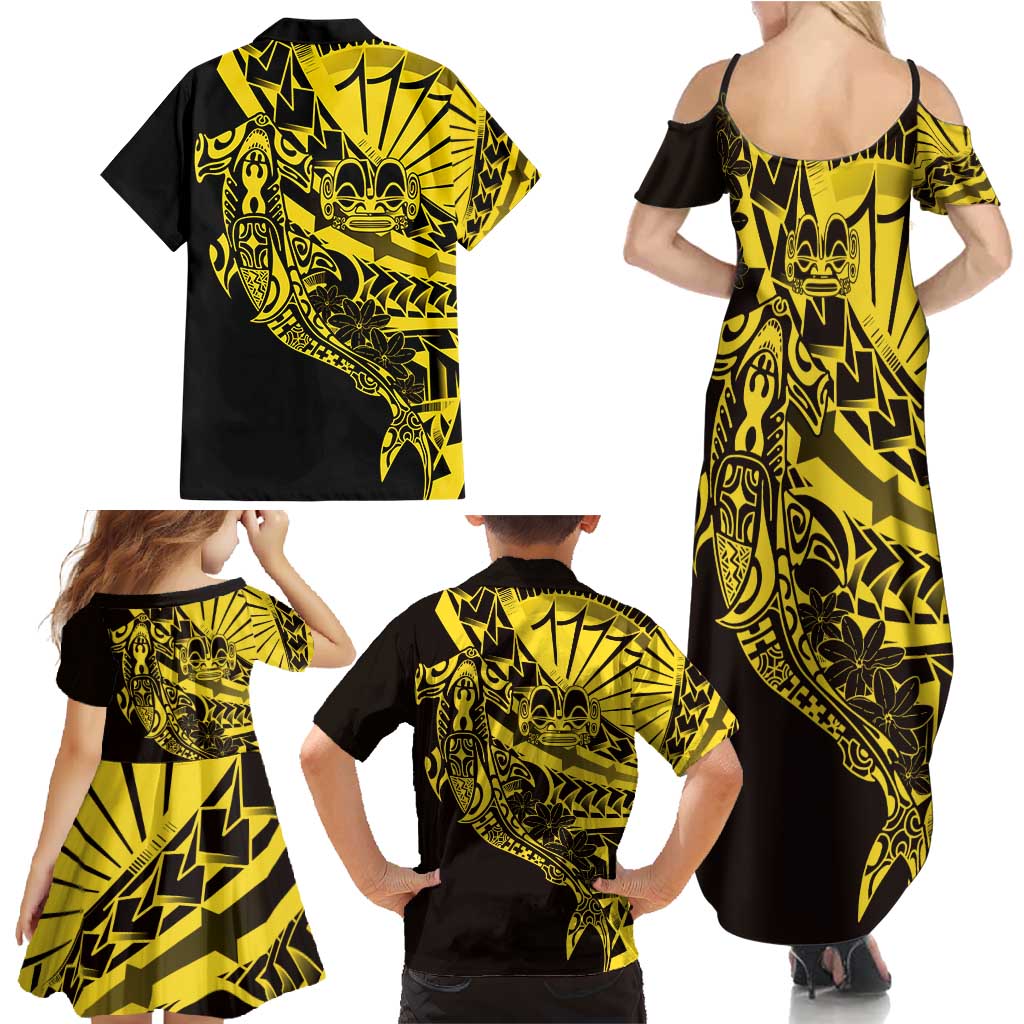 Yellow Marquesas Islands Family Matching Summer Maxi Dress and Hawaiian Shirt Marquesan Matatiki Hammerhead Shark Patutiki LT14 - Polynesian Pride
