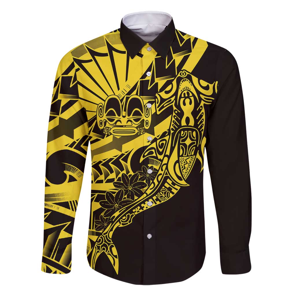 Yellow Marquesas Islands Family Matching Summer Maxi Dress and Hawaiian Shirt Marquesan Matatiki Hammerhead Shark Patutiki LT14 Dad's Shirt - Long Sleeve Yellow - Polynesian Pride