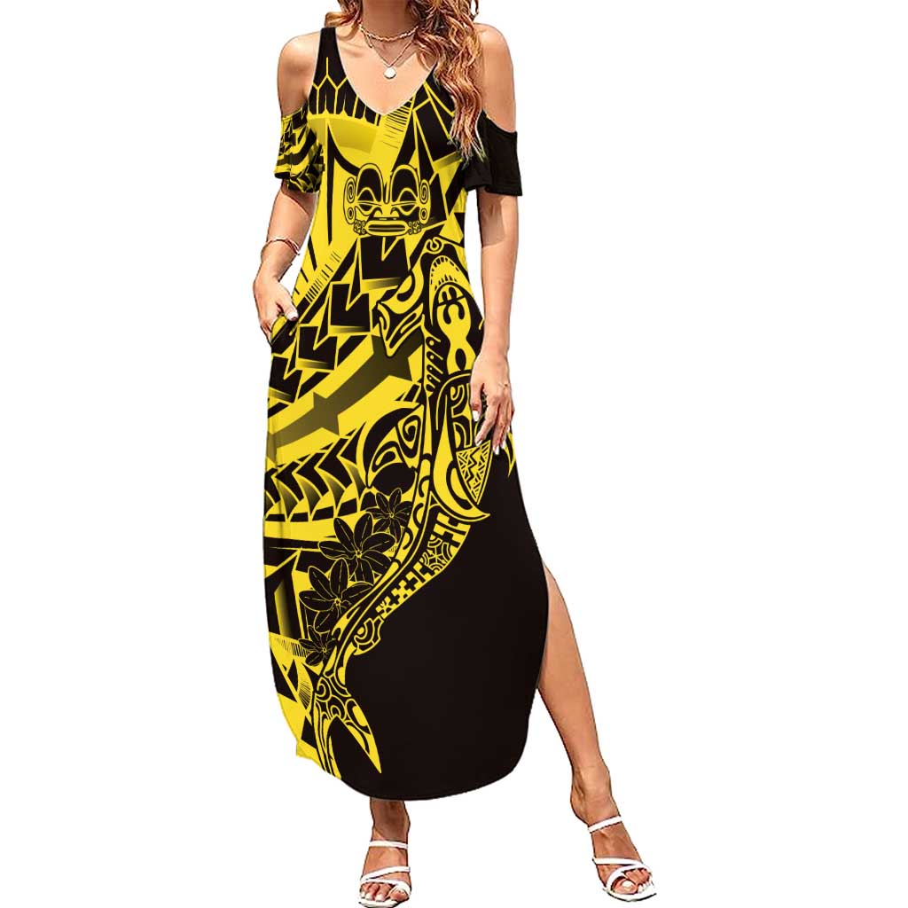 Yellow Marquesas Islands Family Matching Summer Maxi Dress and Hawaiian Shirt Marquesan Matatiki Hammerhead Shark Patutiki LT14 Mom's Dress Yellow - Polynesian Pride
