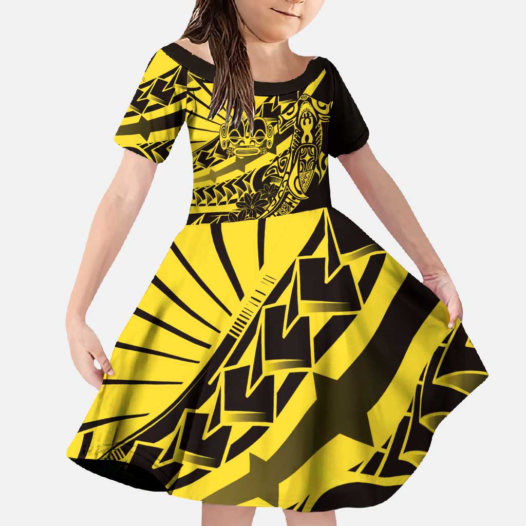 Yellow Marquesas Islands Family Matching Tank Maxi Dress and Hawaiian Shirt Marquesan Matatiki Hammerhead Shark Patutiki LT14 Daughter's Dress Yellow - Polynesian Pride