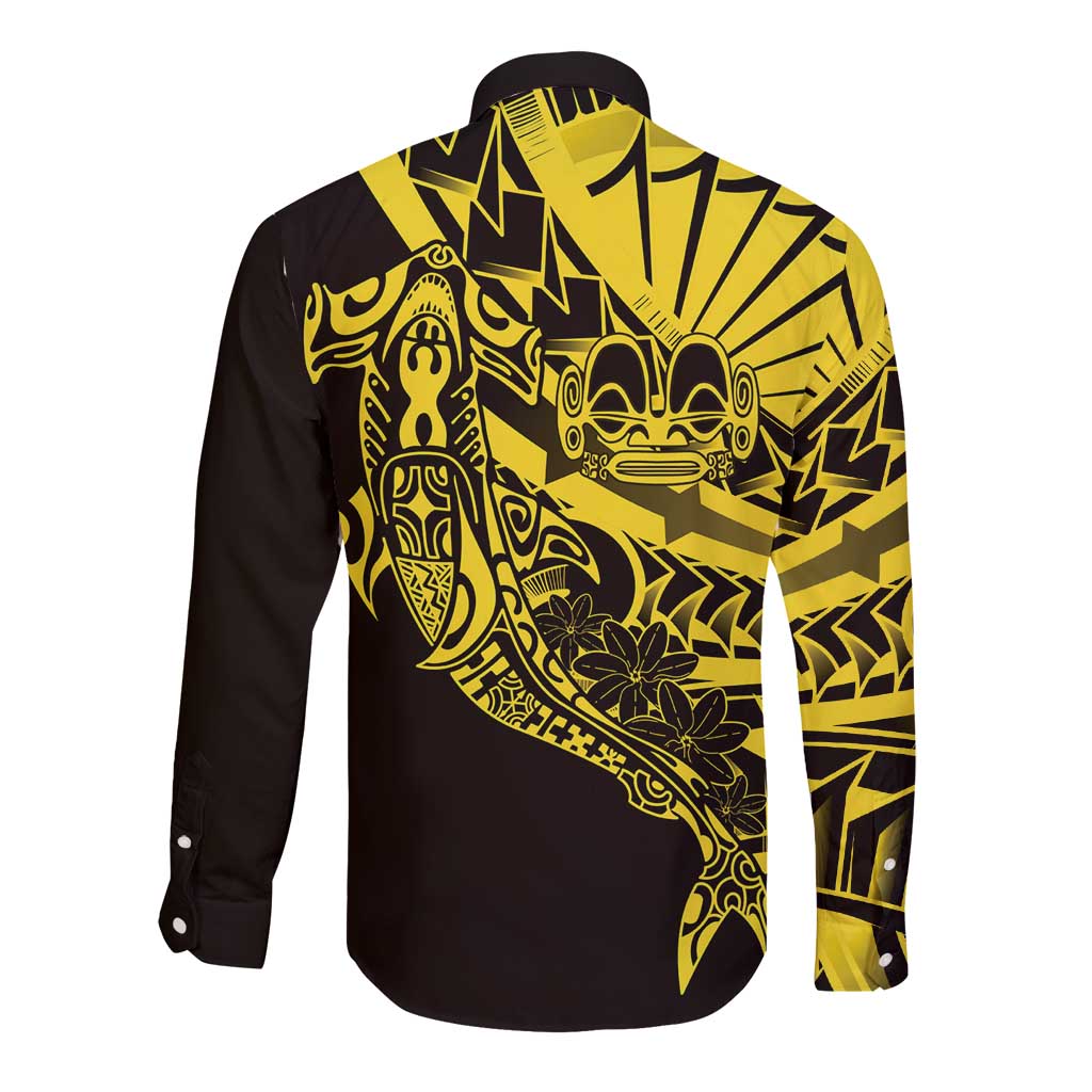 Yellow Marquesas Islands Long Sleeve Button Shirt Marquesan Matatiki Hammerhead Shark Patutiki - Polynesian Pride
