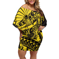 Yellow Marquesas Islands Off Shoulder Short Dress Marquesan Matatiki Hammerhead Shark Patutiki - Polynesian Pride